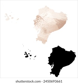 High detailed vector map. Ecuador. Set of two cards. Watercolor style. Brown beige color. Black card.