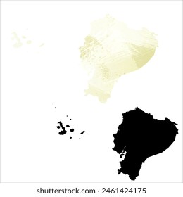 High detailed vector map. Ecuador. Set of two cards. Watercolor style. Yellow lemon color. Black card.
