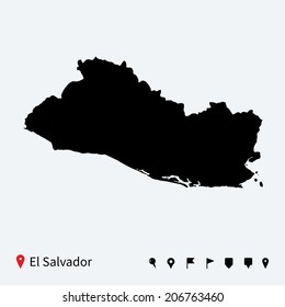 High detailed vector map of El Salvador with navigation pins.