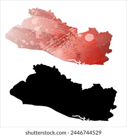 High detailed vector map. El Salvador. Set of two cards. Watercolor style. Red color. Black card.