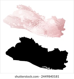 High detailed vector map. El Salvador. Set of two cards. Watercolor style. Pink color. Black card.