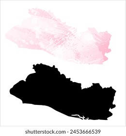 High detailed vector map. El Salvador. Set of two cards. Watercolor style. Pink color. Black card.