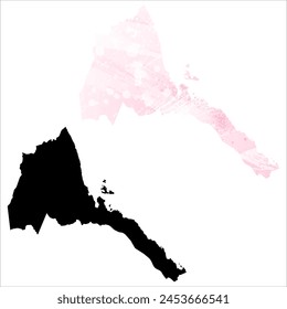 Mapa de Vector detallado. Eritrea. Juego de dos cartas. Estilo acuarela. Color rosa. Tarjeta negra.