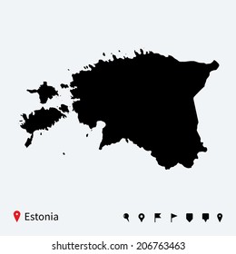 High detailed vector map of Estonia with navigation pins.