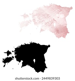 High detailed vector map. Estonia. Set of two cards. Watercolor style. Pink color. Black card.