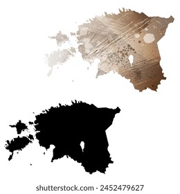 High detailed vector map. Estonia. Set of two cards. Watercolor style. Brown color. Black card.