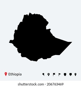 High detailed vector map of Ethiopia with navigation pins.
