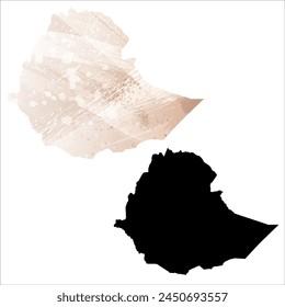 High detailed vector map. Ethiopia. Set of two cards. Watercolor style. Brown beige color. Black card.