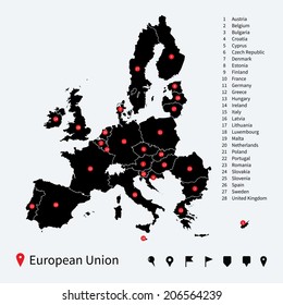 High detailed vector map of European Union with navigation pins.