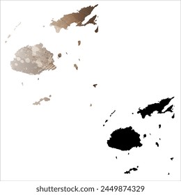 High detailed vector map. Fiji. Set of two cards. Watercolor style. Brown color. Black card.