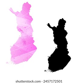 High detailed vector map. Finland. Set of two cards. Watercolor style. Pink color. Black card.