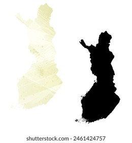 High detailed vector map. Finland. Set of two cards. Watercolor style. Yellow lemon color. Black card.