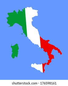 High detailed vector map with flag - Italy isolated on sea blue background. No outline illustration. Tricolor flag