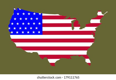 High detailed vector map with flag - United States,  silhouette isolated on retro green background. 