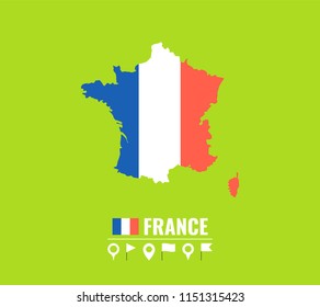 High detailed vector map of France. Name country, flag and pointer set. Flat vector illustration.
