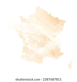 High detailed vector map. France. Watercolor Style. Apricot delicate color.