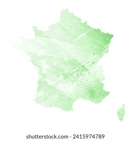 Mapa vectorial detallado alto. Francia. Estilo acuarela. Color de la lechuga clara. Pastel verde.