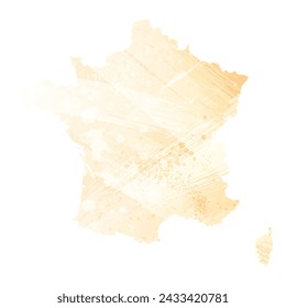 High detailed vector map. France. Watercolor style. Yellow color.