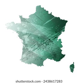 High detailed vector map. France. Watercolor style. Turquoise green color.