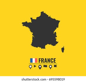 High detailed vector map of France. Name country, flag and pointer set. Flat vector illustration.