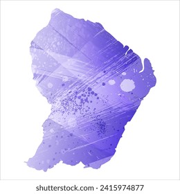 High detailed vector map. French Guiana. Watercolor style. Aspid blue color. A violet, delicate, pastel color.