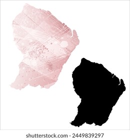 High detailed vector map. French Guiana. Set of two cards. Watercolor style. Pink color. Black card.
