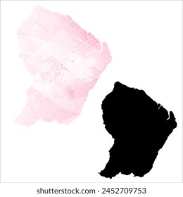Mapa de Vector detallado. Guyana Francesa. Juego de dos cartas. Estilo acuarela. Color rosa. Tarjeta negra.