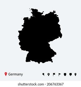 High detailed vector map of Germany with navigation pins.