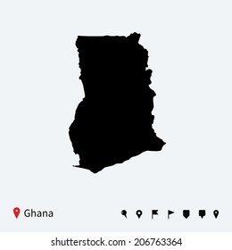 High detailed vector map of Ghana with navigation pins.