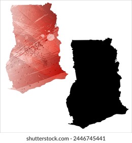 High detailed vector map. Ghana. Set of two cards. Watercolor style. Red color. Black card.