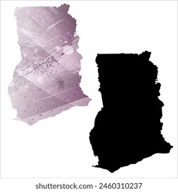High detailed vector map. Ghana. Set of two cards. Watercolor style. Purple color. Black card.