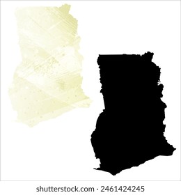 Detaillierte Karte der Vektorgrafik. Ghana. Satz von zwei Karten. Aquarellstil. Gelbe Zitronenfarbe. Schwarze Karte.