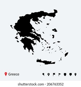 High detailed vector map of Greece with navigation pins.