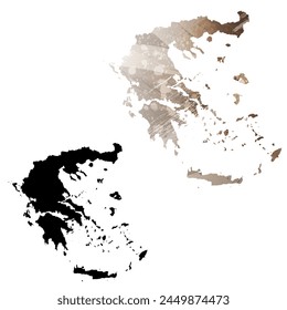 High detailed vector map. Greece. Set of two cards. Watercolor style. Brown color. Black card.