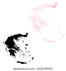 High detailed vector map. Greece. Set of two cards. Watercolor style. Pink color. Black card.