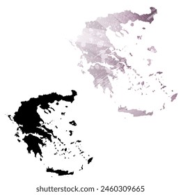 High detailed vector map. Greece. Set of two cards. Watercolor style. Purple color. Black card.