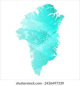 Mapa vectorial detallado. Groenlandia. Estilo acuarela. Color turquesa. Color azul brillante.