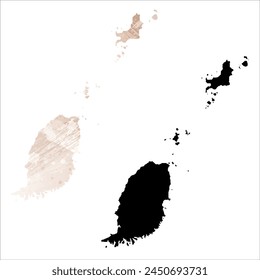 High detailed vector map. Grenada. Set of two cards. Watercolor style. Brown beige color. Black card.