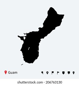 High detailed vector map of Guam with navigation pins.