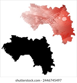 High detailed vector map. Guinea. Set of two cards. Watercolor style. Red color. Black card.
