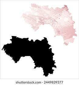 High detailed vector map. Guinea. Set of two cards. Watercolor style. Pink color. Black card.