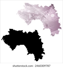 High detailed vector map. Guinea. Set of two cards. Watercolor style. Purple color. Black card.