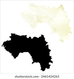 High detailed vector map. Guinea. Set of two cards. Watercolor style. Yellow lemon color. Black card.