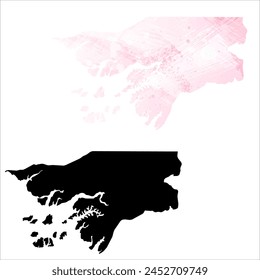 Mapa de Vector detallado. Guinea-Bissau. Juego de dos cartas. Estilo acuarela. Color rosa. Tarjeta negra.