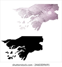 Mapa de Vector detallado. Guinea-Bissau. Juego de dos cartas. Estilo acuarela. Color púrpura. Tarjeta negra.