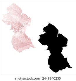 Detaillierte Karte der Vektorgrafik. Guyana. Satz von zwei Karten. Aquarellstil. Rosa Farbe. Schwarze Karte.