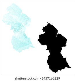 High detailed vector map. Guyana. Set of two maps. Watercolor style. Blue color. Black map.