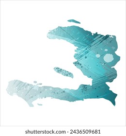 High detailed vector map. Haiti. Watercolor style. Turquoise blue color. Blue is a deep color.