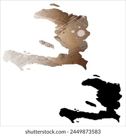 High detailed vector map. Haiti. Set of two cards. Watercolor style. Brown color. Black card.