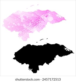 Mapa de Vector detallado. Honduras. Juego de dos cartas. Estilo acuarela. Color rosa. Tarjeta negra.